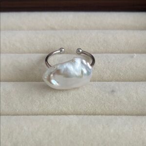 Minimal Baroque Pearl Ring, Adjustable Sterling Silver Statement Ring